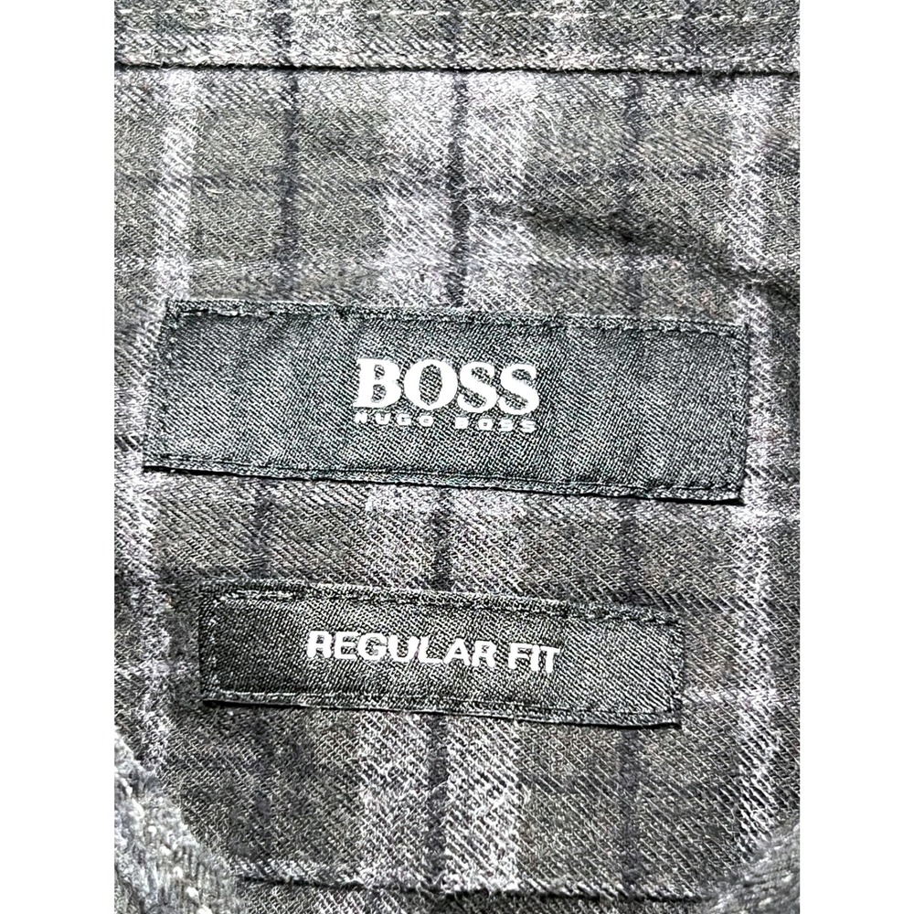 Hugo Boss Mens Grey Plaid Regular Fit Flannel Button Down Shirt Long Sleeve